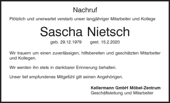Traueranzeige von Sascha Nietsch von Mittelbayerische Zeitung Schwandorf
