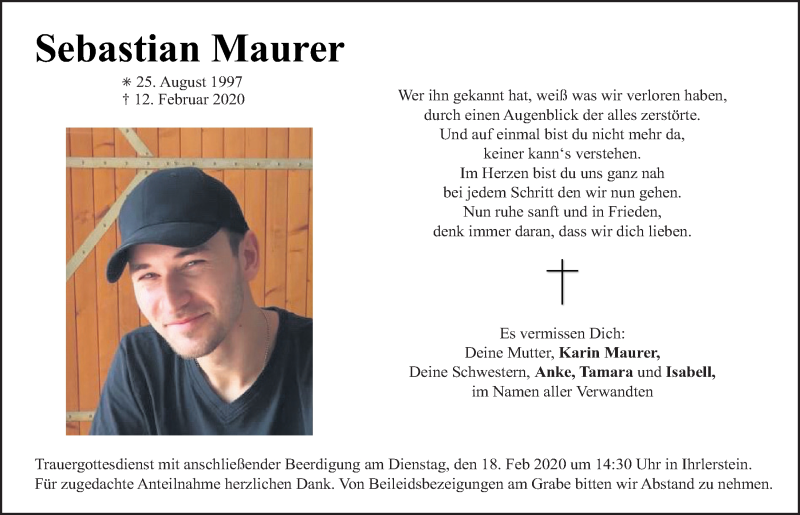  Traueranzeige für Sebastian Maurer vom 15.02.2020 aus Mittelbayerische Zeitung Kelheim