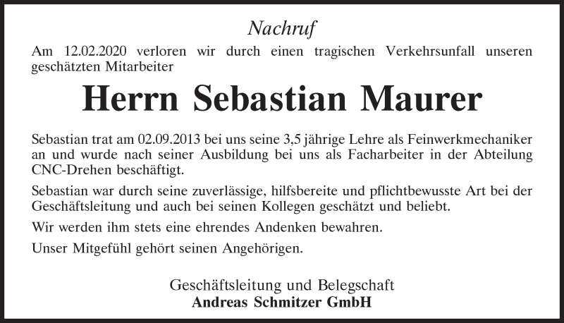  Traueranzeige für Sebastian Maurer vom 20.02.2020 aus Mittelbayerische Zeitung Kelheim