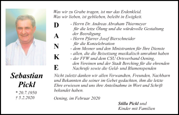 Traueranzeige von Sebastian Pickl von Neumarkter Tagblatt