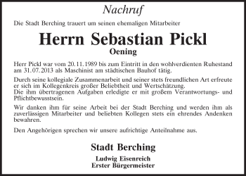Traueranzeige von Sebastian Pickl von Neumarkter Tagblatt
