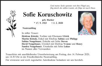 Traueranzeige von Sofie Koruschowitz von Mittelbayerische Zeitung Regensburg