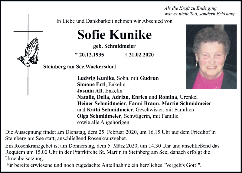  Traueranzeige für Sofie Kunike vom 24.02.2020 aus Mittelbayerische Zeitung Schwandorf
