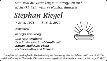 Traueranzeige von Stephan Riegel von Neumarkter Tagblatt