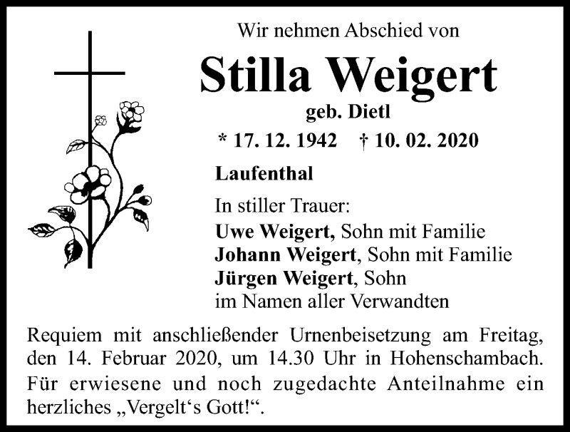  Traueranzeige für Stilla Weigert vom 13.02.2020 aus Mittelbayerische Zeitung Regensburg