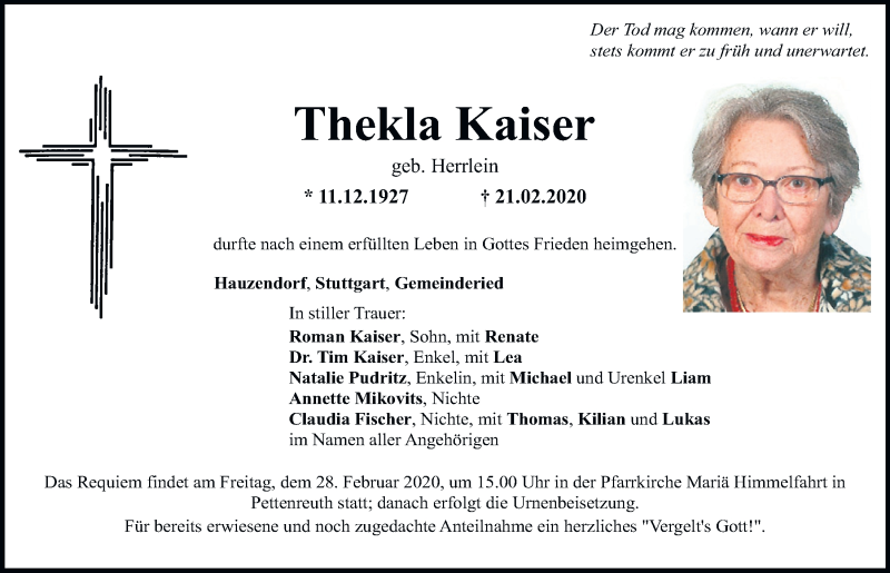  Traueranzeige für Thekla Kaiser vom 25.02.2020 aus Mittelbayerische Zeitung Regensburg