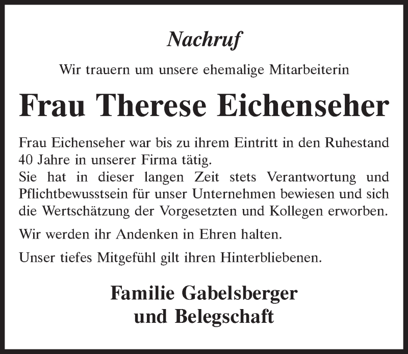  Traueranzeige für Therese Eichenseher vom 10.02.2020 aus Mittelbayerische Zeitung Kelheim