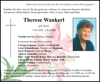 Traueranzeige von Therese Wankerl von Bayerwald Echo