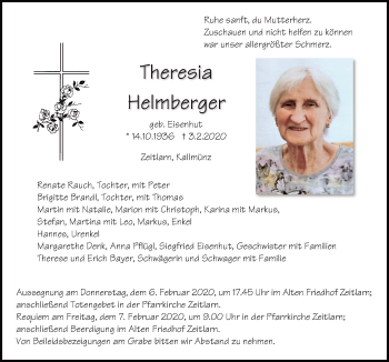 Traueranzeige von Theresia Helmberger von Mittelbayerische Zeitung Regensburg