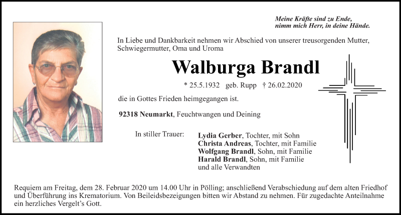  Traueranzeige für Walburga Brandl vom 27.02.2020 aus Neumarkter Tagblatt