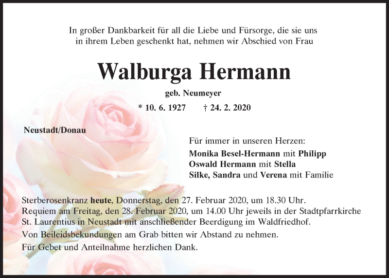  Traueranzeige für Walburga Hermann vom 27.02.2020 aus Mittelbayerische Zeitung Kelheim