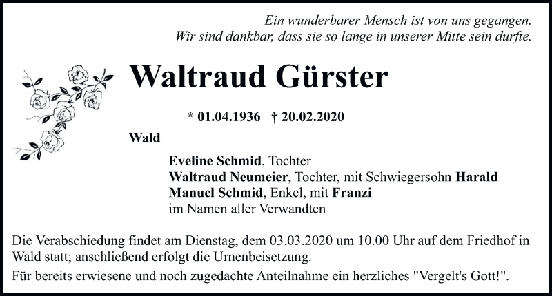  Traueranzeige für Waltraud Gürster vom 27.02.2020 aus Mittelbayerische Zeitung Regensburg