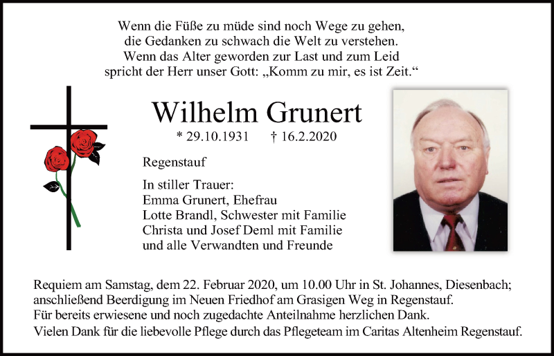  Traueranzeige für Wilhelm Grunert vom 20.02.2020 aus Mittelbayerische Zeitung Regensburg