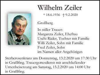 Traueranzeige von Wilhelm Zeiler von Mittelbayerische Zeitung Regensburg