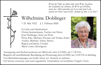 Traueranzeige von Wilhelmine Doblinger von Mittelbayerische Zeitung Regensburg