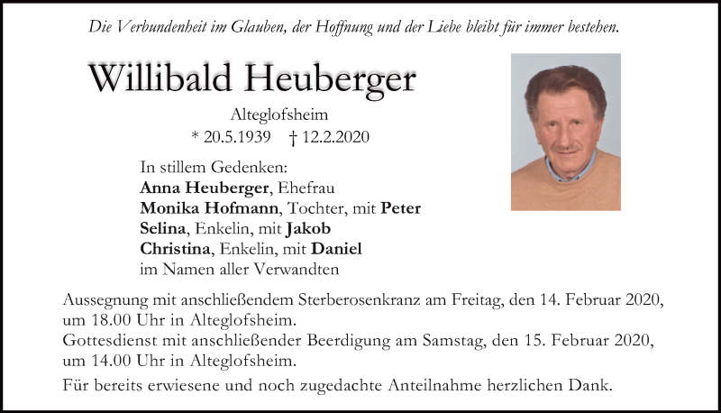  Traueranzeige für Willibald Heuberger vom 13.02.2020 aus Mittelbayerische Zeitung Regensburg