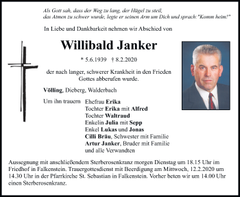 Traueranzeige von Willibald Janker von Bayerwald Echo