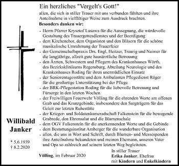 Traueranzeige von Willibald Janker von Bayerwald Echo
