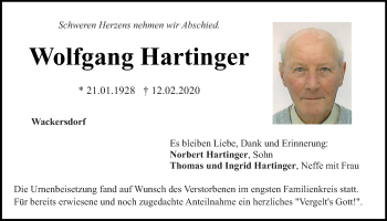 Traueranzeige von Wolfgang Hartinger von Mittelbayerische Zeitung Schwandorf