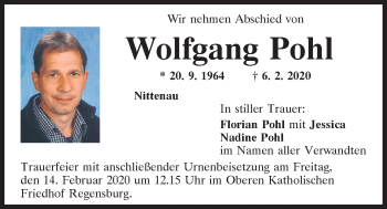 Traueranzeige von Wolfgang Pohl von Mittelbayerische Zeitung Regensburg