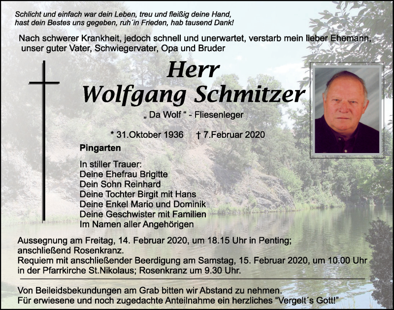  Traueranzeige für Wolfgang Schmitzer vom 12.02.2020 aus Mittelbayerische Zeitung Schwandorf