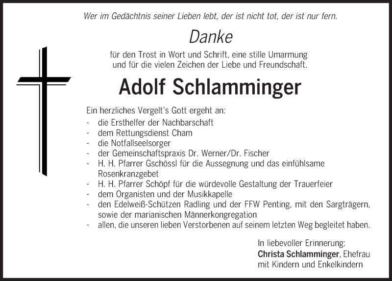  Traueranzeige für Adolf Schlamminger vom 04.03.2020 aus Bayerwald Echo