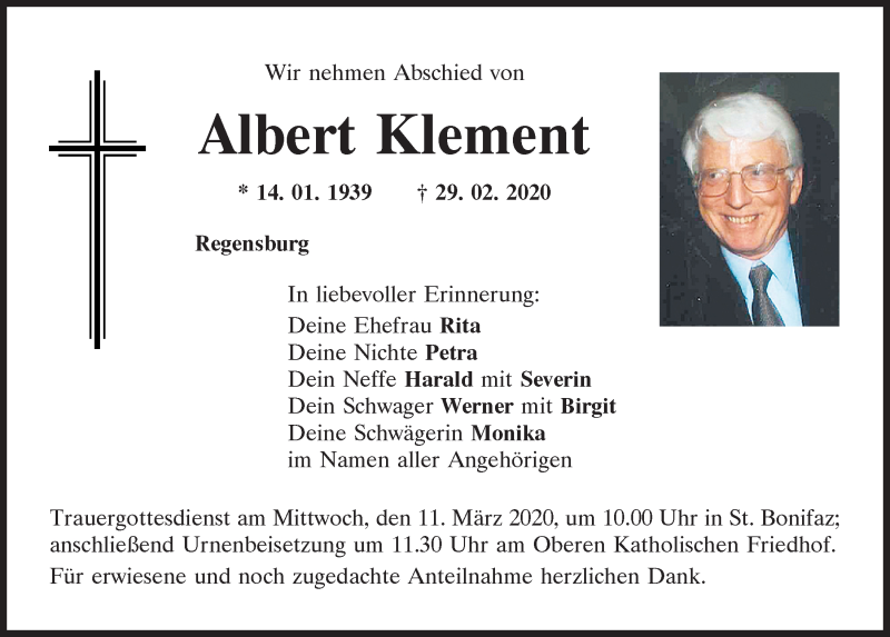  Traueranzeige für Albert Klement vom 07.03.2020 aus Mittelbayerische Zeitung Regensburg
