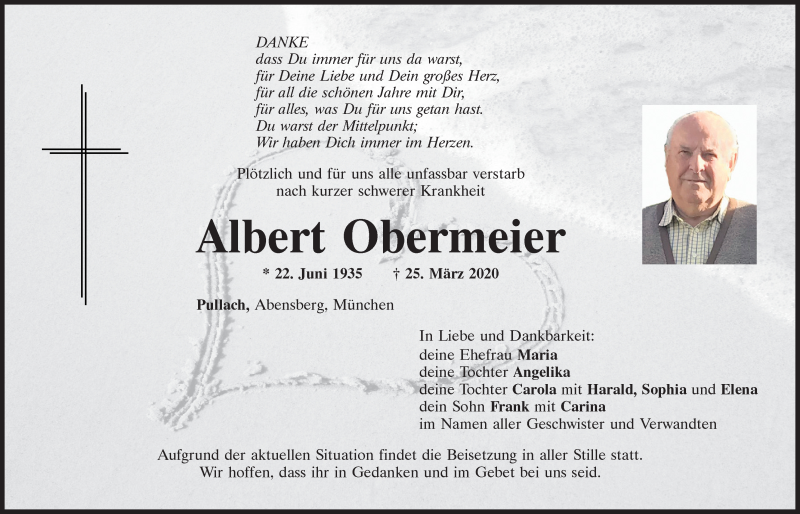  Traueranzeige für Albert Obermeier vom 28.03.2020 aus Mittelbayerische Zeitung Kelheim