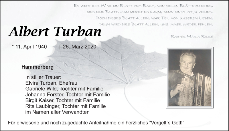  Traueranzeige für Albert Turban vom 28.03.2020 aus Mittelbayerische Zeitung Schwandorf
