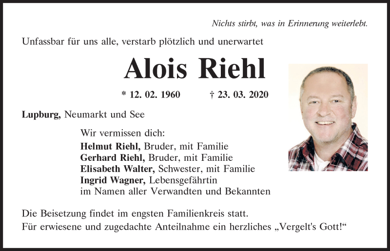  Traueranzeige für Alois Riehl vom 26.03.2020 aus Neumarkter Tagblatt