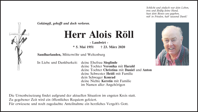 Traueranzeige für Alois Röll vom 26.03.2020 aus Mittelbayerische Zeitung Kelheim