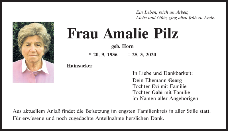 Traueranzeige für Amalie Pilz vom 28.03.2020 aus Mittelbayerische Zeitung Regensburg