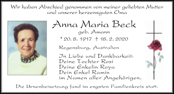 Traueranzeigen von Anna Maria Beck | Mittelbayerische Trauer