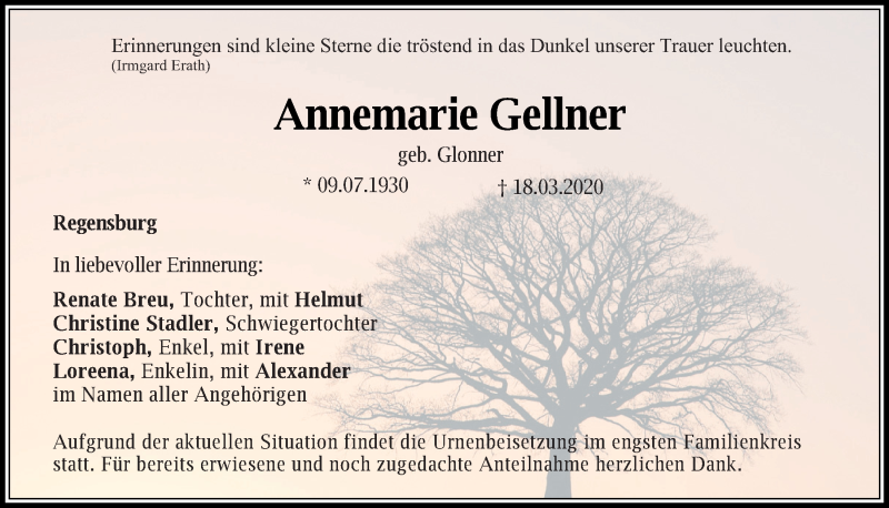  Traueranzeige für Annemarie Gellner vom 21.03.2020 aus Mittelbayerische Zeitung Regensburg