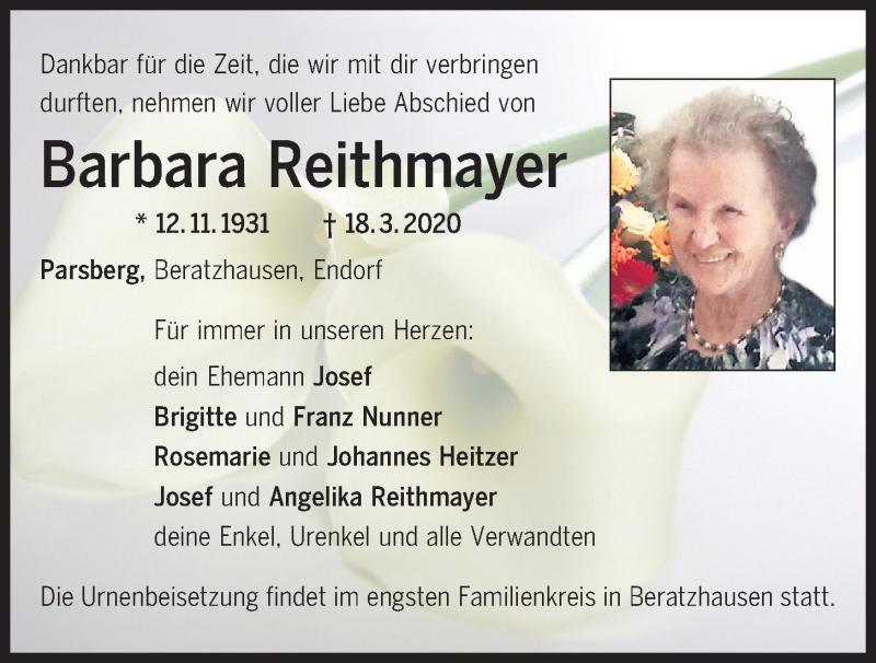  Traueranzeige für Barbara Reithmayer vom 23.03.2020 aus Mittelbayerische Zeitung Regensburg