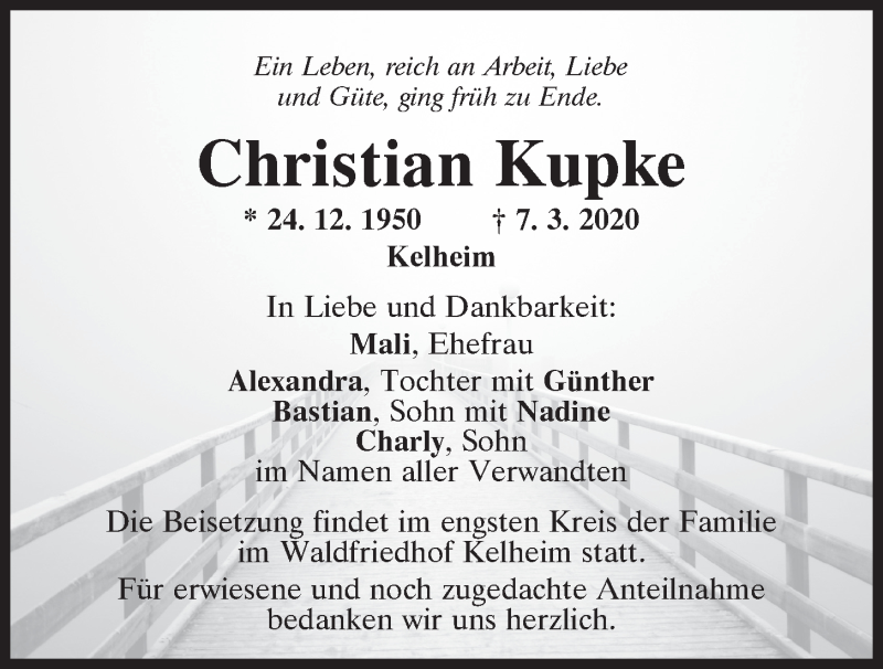  Traueranzeige für Christian Kupke vom 21.03.2020 aus Mittelbayerische Zeitung Kelheim