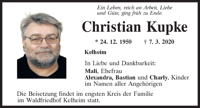  Traueranzeige für Christian Kupke vom 21.03.2020 aus Mittelbayerische Zeitung Regensburg