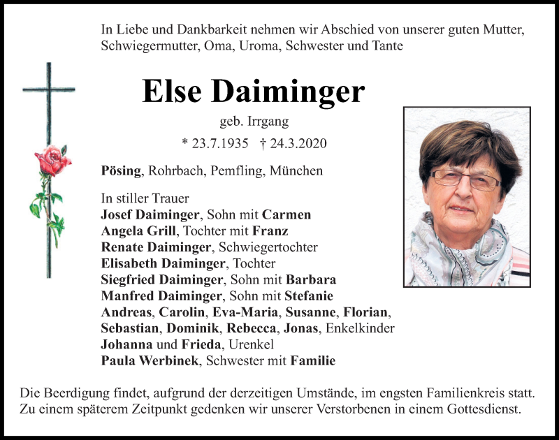  Traueranzeige für Else Daiminger vom 25.03.2020 aus Bayerwald Echo