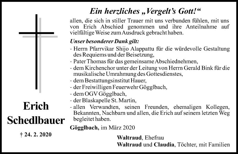  Traueranzeige für Erich Schedlbauer vom 07.03.2020 aus Mittelbayerische Zeitung Schwandorf