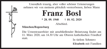 Traueranzeige von Franz Bosl von Mittelbayerische Zeitung Regensburg