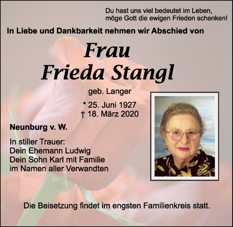  Traueranzeige für Frieda Stangl vom 21.03.2020 aus Mittelbayerische Zeitung Schwandorf