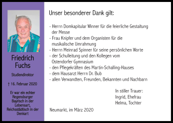 Traueranzeige von Friedrich Fuchs von Neumarkter Tagblatt