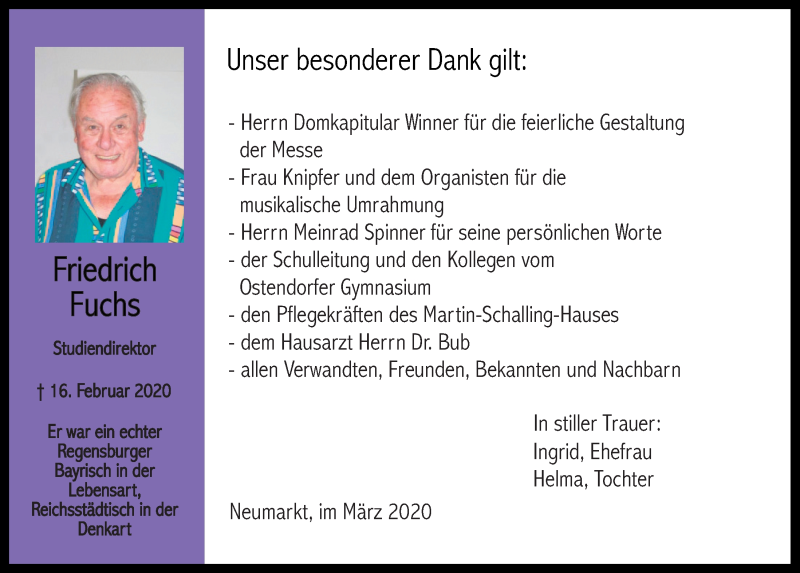  Traueranzeige für Friedrich Fuchs vom 07.03.2020 aus Neumarkter Tagblatt