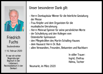 Traueranzeige von Friedrich Fuchs von Neumarkter Tagblatt