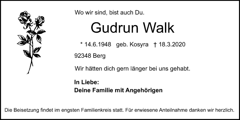  Traueranzeige für Gudrun Walk vom 20.03.2020 aus Neumarkter Tagblatt