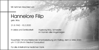 Traueranzeige von Hannelore Filip von Mittelbayerische Zeitung Regensburg