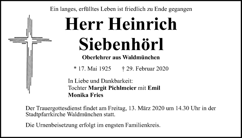  Traueranzeige für Heinrich Siebenhörl vom 11.03.2020 aus Bayerwald Echo