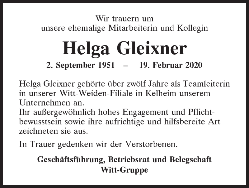  Traueranzeige für Helga Gleixner vom 11.03.2020 aus Mittelbayerische Zeitung Kelheim