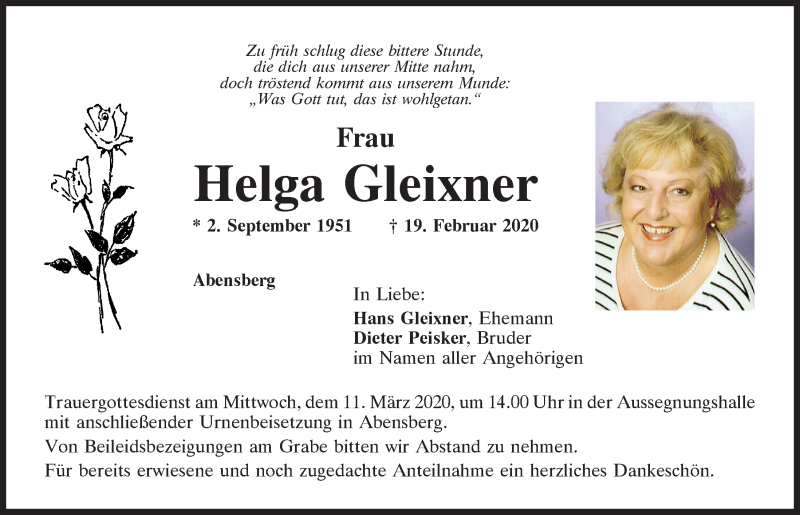  Traueranzeige für Helga Gleixner vom 09.03.2020 aus Mittelbayerische Zeitung Kelheim