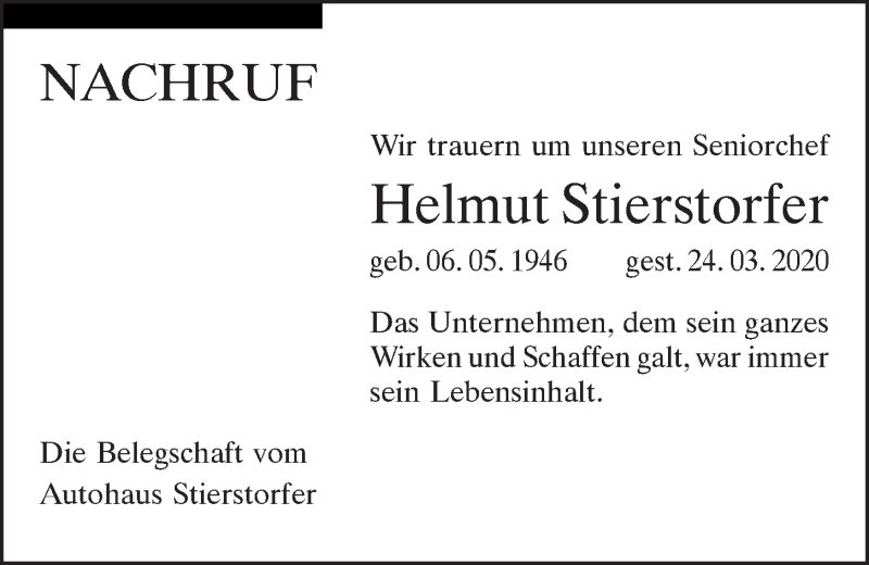  Traueranzeige für Helmut Stierstorfer vom 28.03.2020 aus Mittelbayerische Zeitung Gesamtausgabe